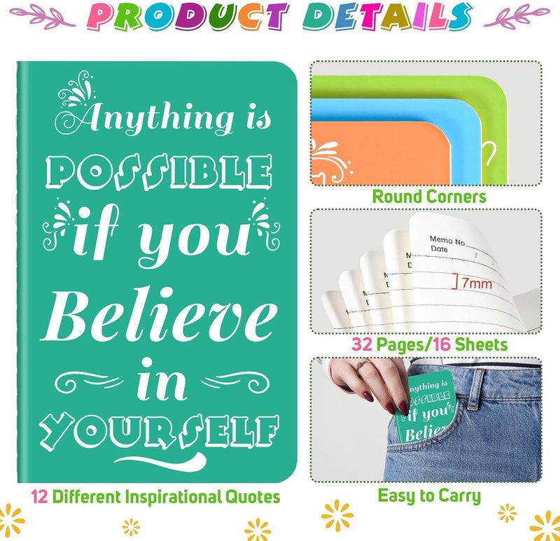 OMEYA 12 Pcs Mini Inspirational Notebooks Bulk with 12 Pcs Colorful Pens, Small Pocket Journal Notepads Set, Motivational Bulk Gifts for Women Men Teacher Student, Fun School Office Supplies, 3.5" x 5.5" - Image 4